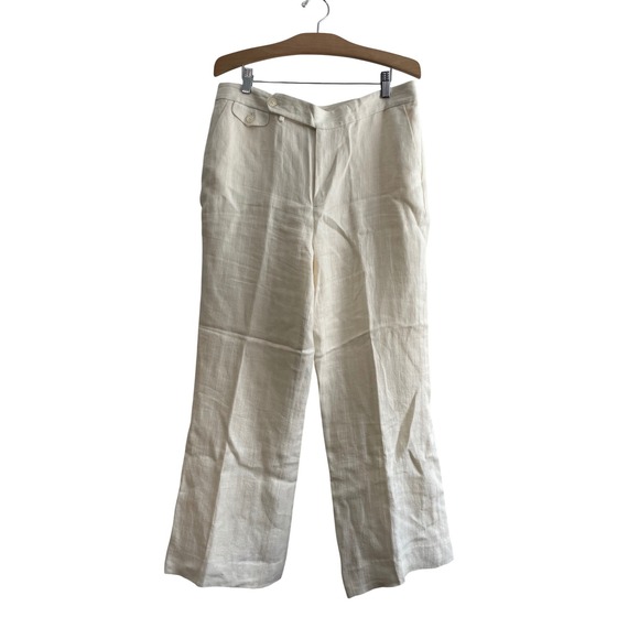 Lauren Ralph Lauren Pants - Lauren Ralph Lauren Cream Linen Herringbone Wide Leg Trousers Pants Ivory Sz 12